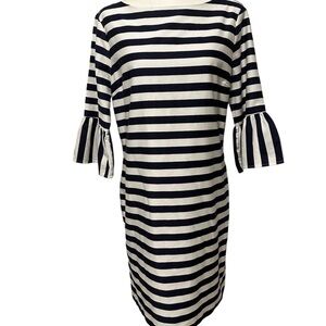 J and J Navy Blue Striped Dress with Bell Sleeves Size Large Whimsical